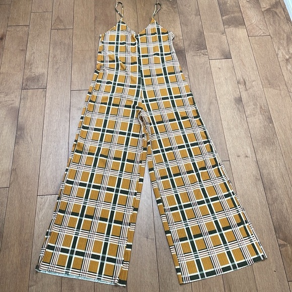 Zara Trafaluc Mustard Yellow green Plaid tartan Jumpsuit S Wide Leg cami strap - Picture 6 of 14